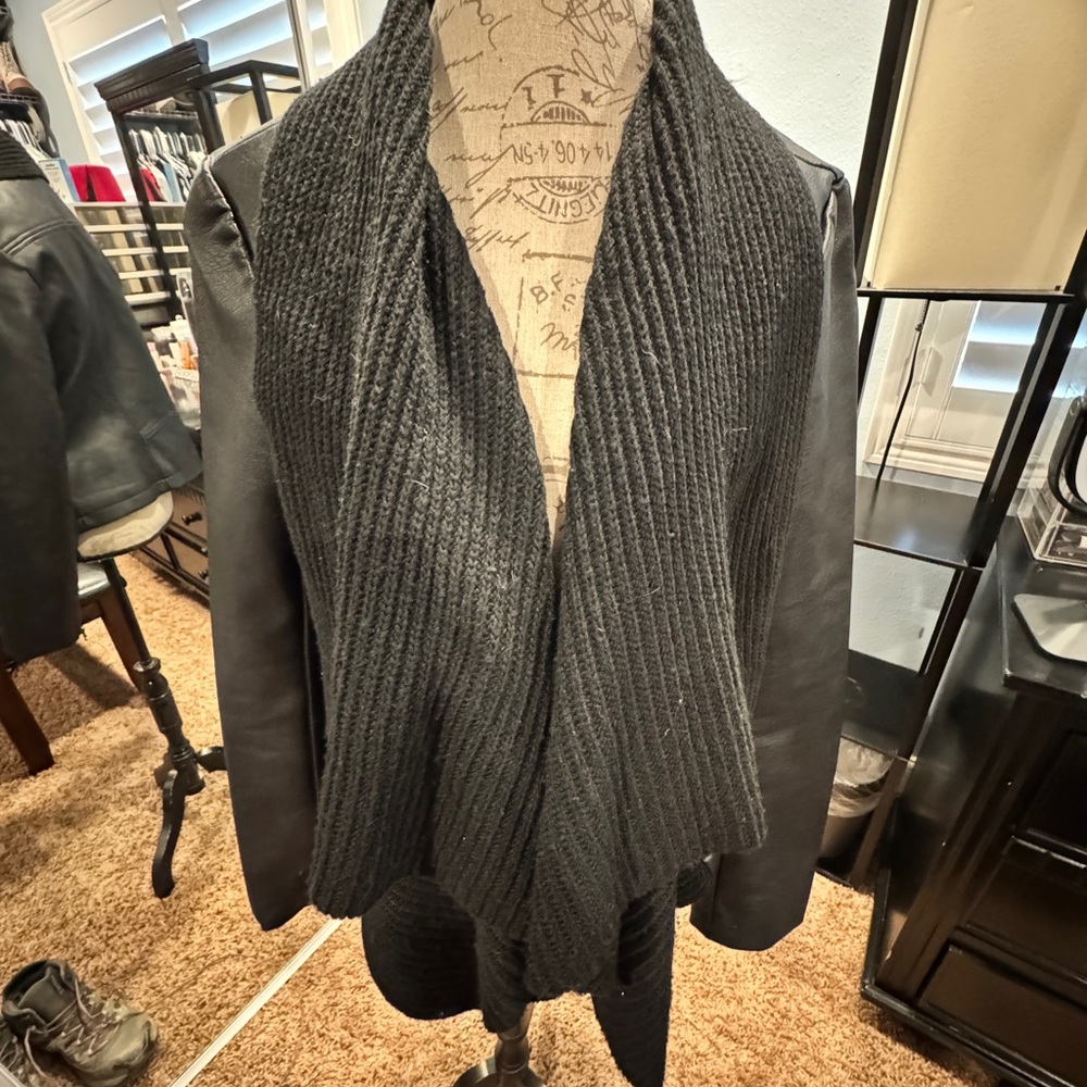 Leather jacket with built in knit scarf
